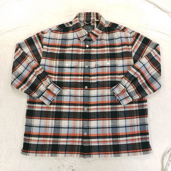 Levis 45% Wool Blend Shirt Jacket Mens Size Large Plaid Orange Blue Snap Button - Picture 2 of 7